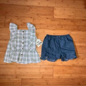 NWT Girls Size 6X Outfit - Ruffle Front Plaid Top & Pull On Chambray Shorts Set